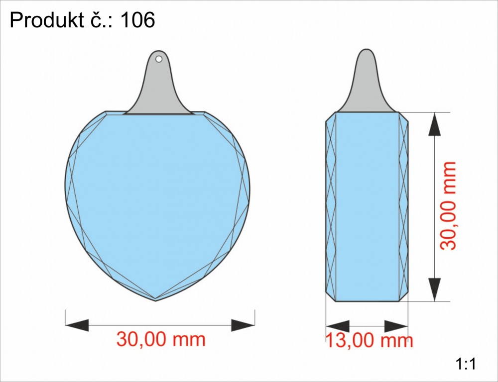 Skleněný krystal srdce 30x30x12mm